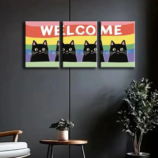 3pcs Welcome Kitty Design Colorful Cute Wall Art Set Canvas Framed 40x60cm - High Quality Print 100% Australian Made Wall Canvas Ready to Hang