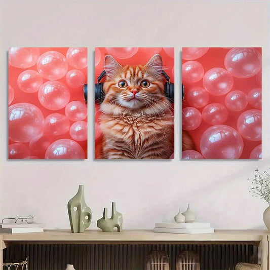3pcs Cat with Headphones and Bubble Gum Metal Print Ready to Hang Art
