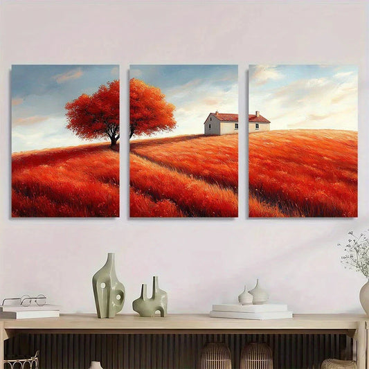 3pcs Vibrant Autumn House in Field Metal Print Ready to Hang Art