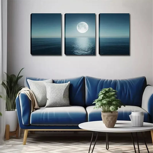 3pcs Round Moon, Sea Level, Oil Painting,  Wall Art Set Canvas Framed 40x60cm - High Quality Print 100% Australian Made Wall Canvas Ready to Hang