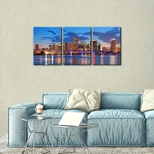 3pcs Miami Beach Skyline Night Cityscape  Metal Print Ready to Hang Art