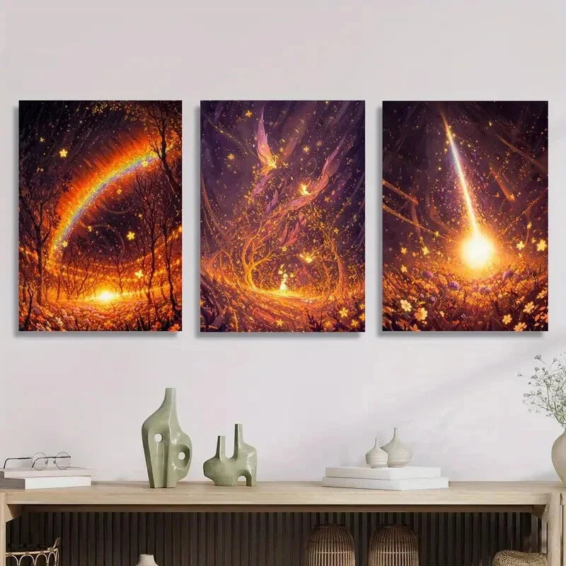 3pcs Golden Rainbow Golden Fairy Abstract Metal Print Ready to Hang Art
