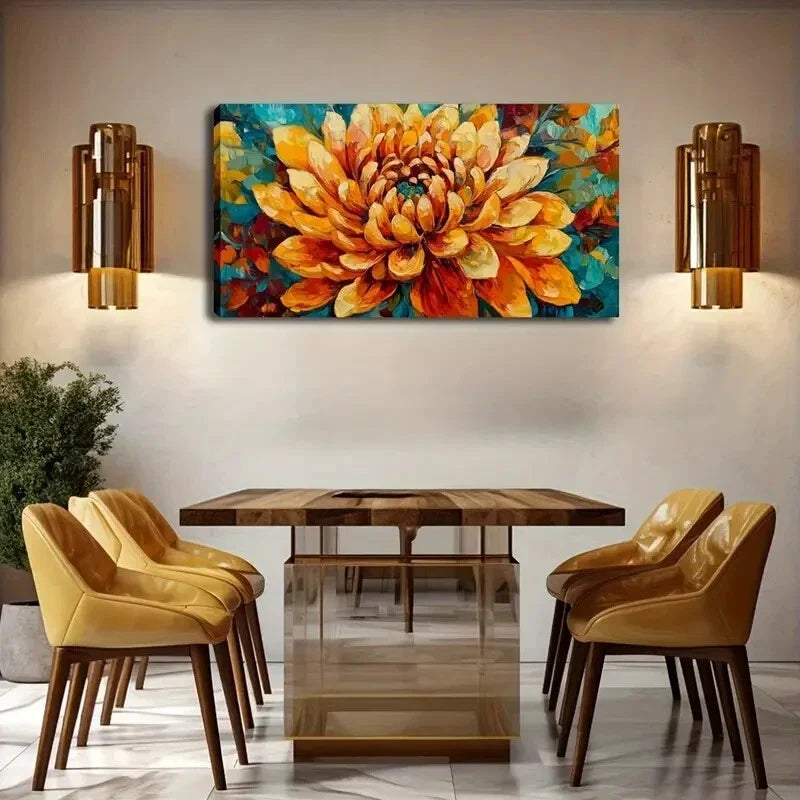 Orange and Yellow Floral Design Wall Art Canvas Office Home Room Framed 120x60cm