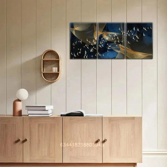 3pcs Golden flying bird, Golden lines Metal Print Ready to Hang Art