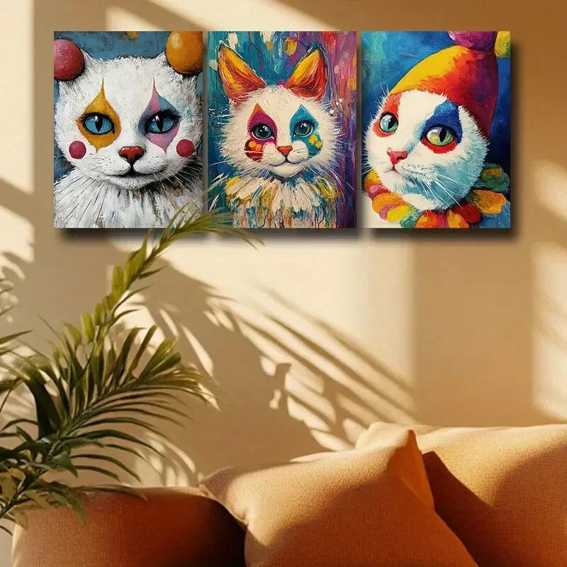 3pcs Vibrant Clown Cat Design Metal Print Ready to Hang Art