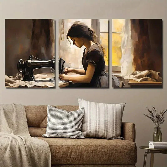 3pcs Young Woman Sewing Vintage Machine Metal Print Ready to Hang Art