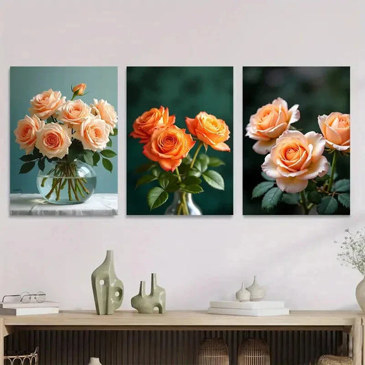 3pcs Beautiful Rose Bouquet Coordinated Metal Print Ready to Hang Art