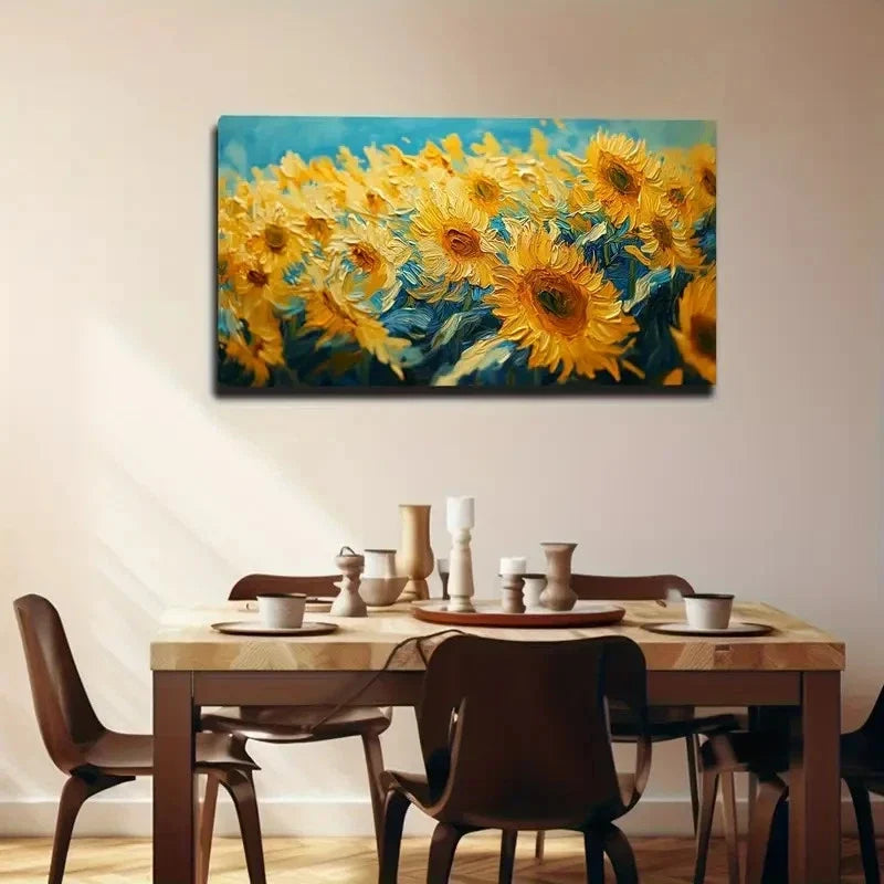 Vibrant Yellow Blue Floral Wall Art Canvas Office Home Room Framed 80x45cm
