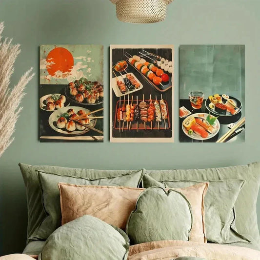 3pcs Japanese Sushi, Skewers & Meals Metal Print Ready to Hang Art