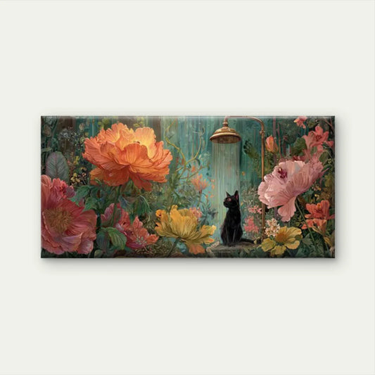 Black Cat in Floral Garden Wall Art Canvas Office Home Room Framed 80x45cm