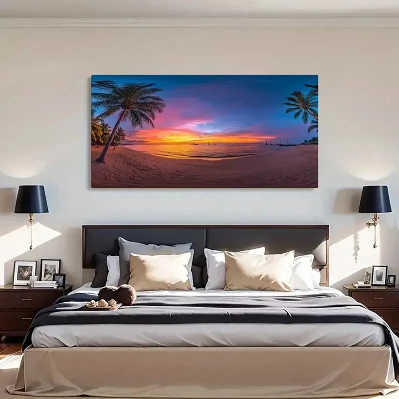 Tropical Sunset Palm Tree Beach Wall Art Canvas Office Home Room Framed 120x60cm