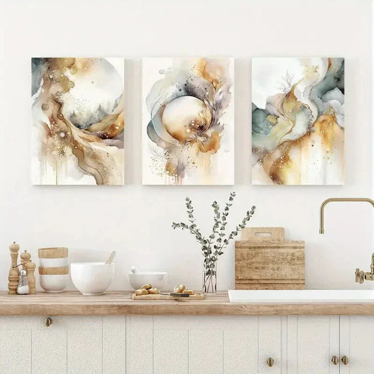 3pcs Cartoon Theme Golden Beige Gray Metal Print Ready to Hang Art