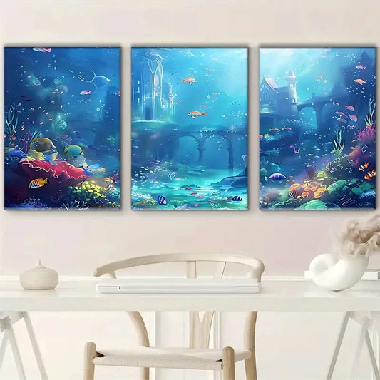 3pcs Ocean Underwater Red Flowers Fishes Metal Print Ready to Hang Art
