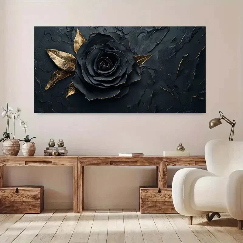 Modern Black & Golden Rose Wall Art Canvas Office Home Room Framed 80x45cm
