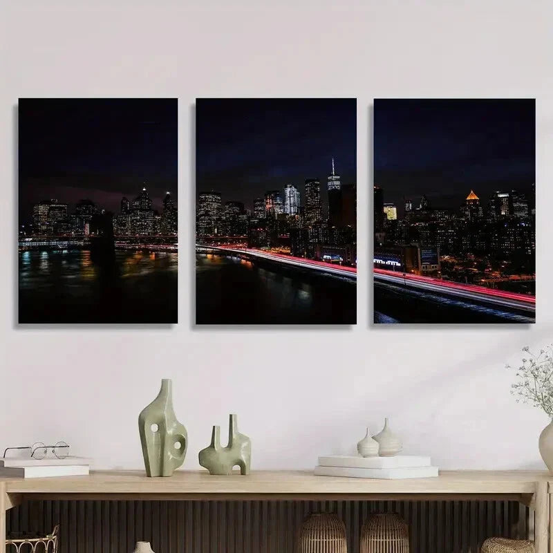 3pcs New York City Night Skyline, Metal Print Ready to Hang Art