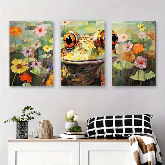 3pcs Colorful Mosaic Frog with Flowers Metal Print Ready to Hang Art