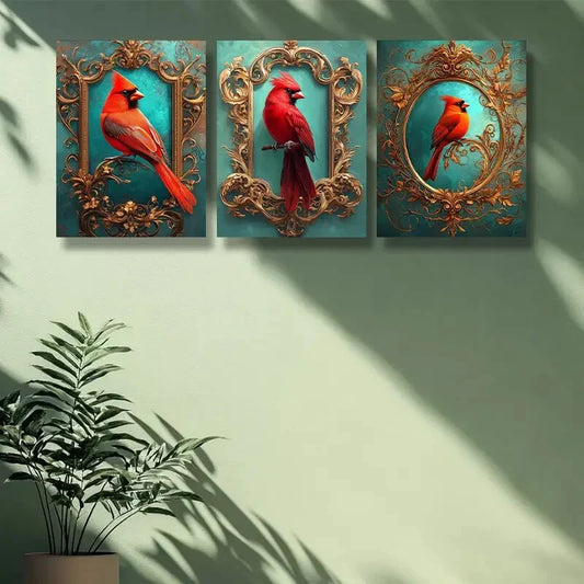 3pcs Red bird Art Painting  Metal Print Ready to Hang Art