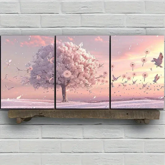 3pcs Dandelion Flying Birds Modern Rose Tree Metal Print Ready to Hang Art