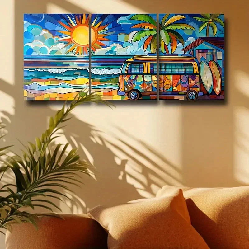 3pcs Colorful Surf Van & Palm Trees Design Metal Print Ready to Hang Art