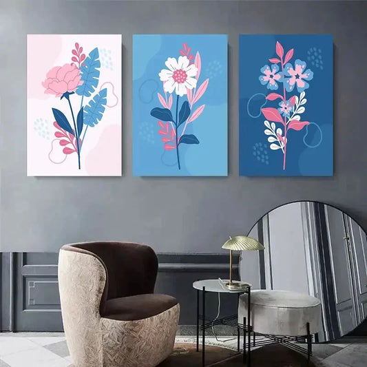 3pcs Modern Pink and Blue Flower Abstract Metal Print Ready to Hang Art