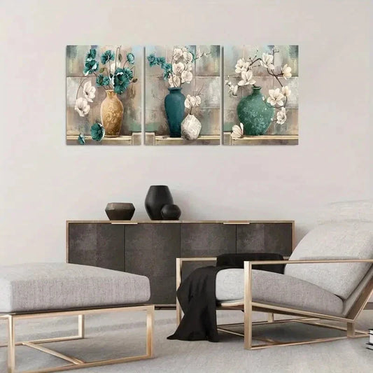 3pcs Magnolia & Orchid with Elegant Vase Metal Print Ready to Hang Art