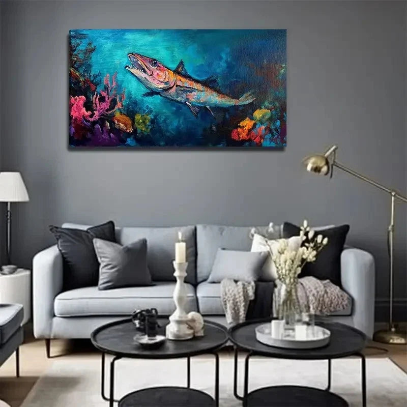 Modern Fish Painting - Extra Wall Art Canvas Office Home Room Framed 120x60cm