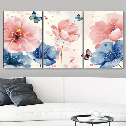 3pcs Butterfly and Flower Decorations Paintings Metal Print Ready to Hang Art