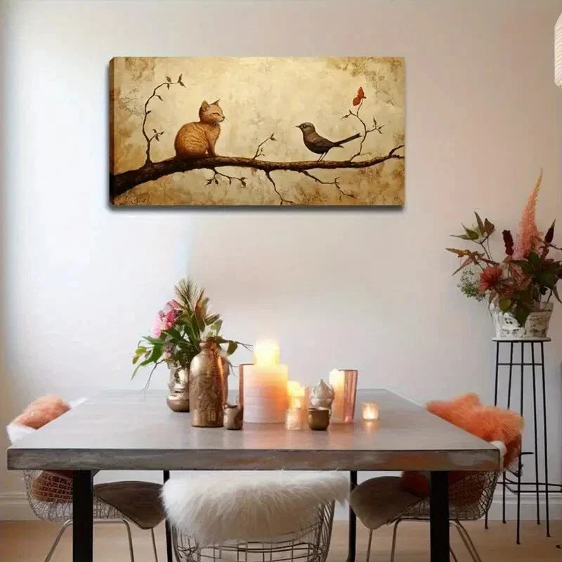 Orange Tabby Cat & Brown Bird Wall Art Canvas Office Home Room Framed 80x45cm