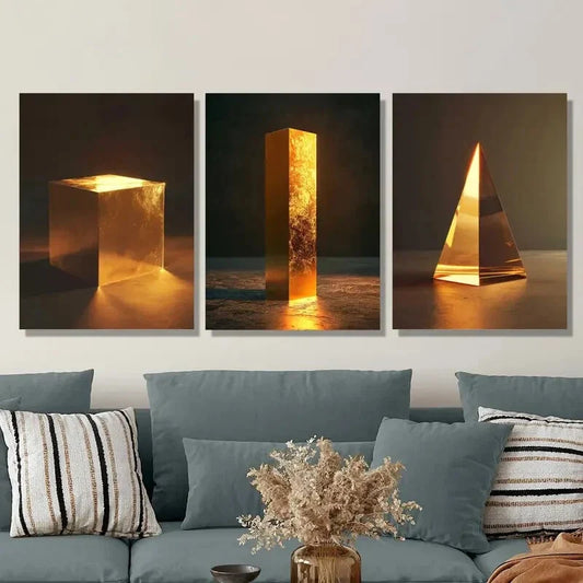 3pcs Luxurious golden cube triangle Metal Print Ready to Hang Art