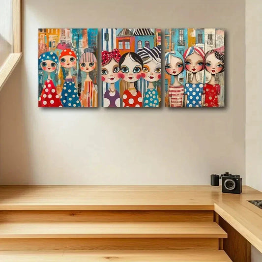 3pcs Colorful Playful Dolls with Accessories Metal Print Ready to Hang Art