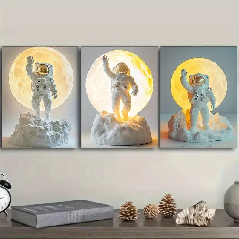 3pcs Cartoon Astronauts on the Moon Wall Art Set Canvas Framed 40x60cm - High Quality Print 100% Australian Made Wall Canvas Ready to Hang