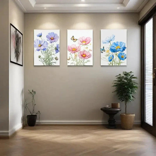 3pcs   Colorful Floral Picture Blue Yellow Pink Metal Print Ready to Hang Art