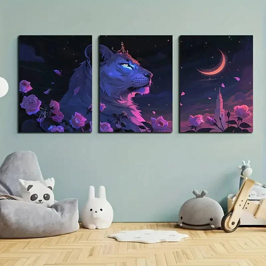 3pcs White Lion Glowing Eyes Moon Metal Print Ready to Hang Art