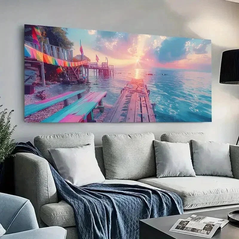 Pink Sunset Over River wall canvas office home room framed 120x60cm