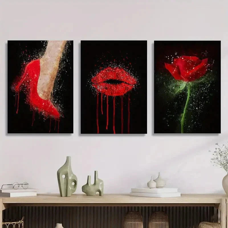 3pcs  fashion red high heels red lips red rose    Metal Print Ready to Hang Art