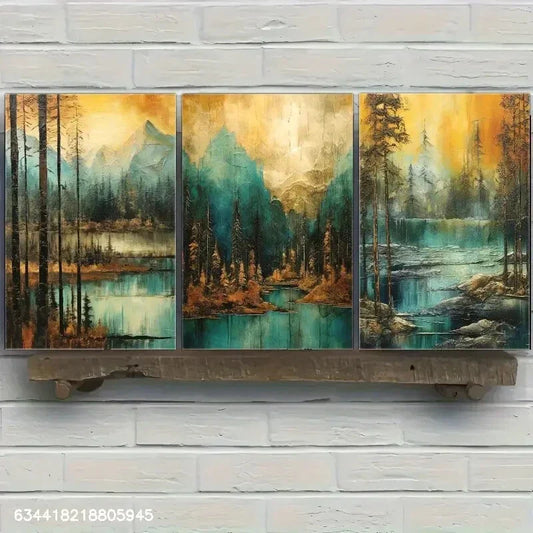 3pcs Golden Forest Art, Golden Blue Mountain Lake Metal Print Ready to Hang Art