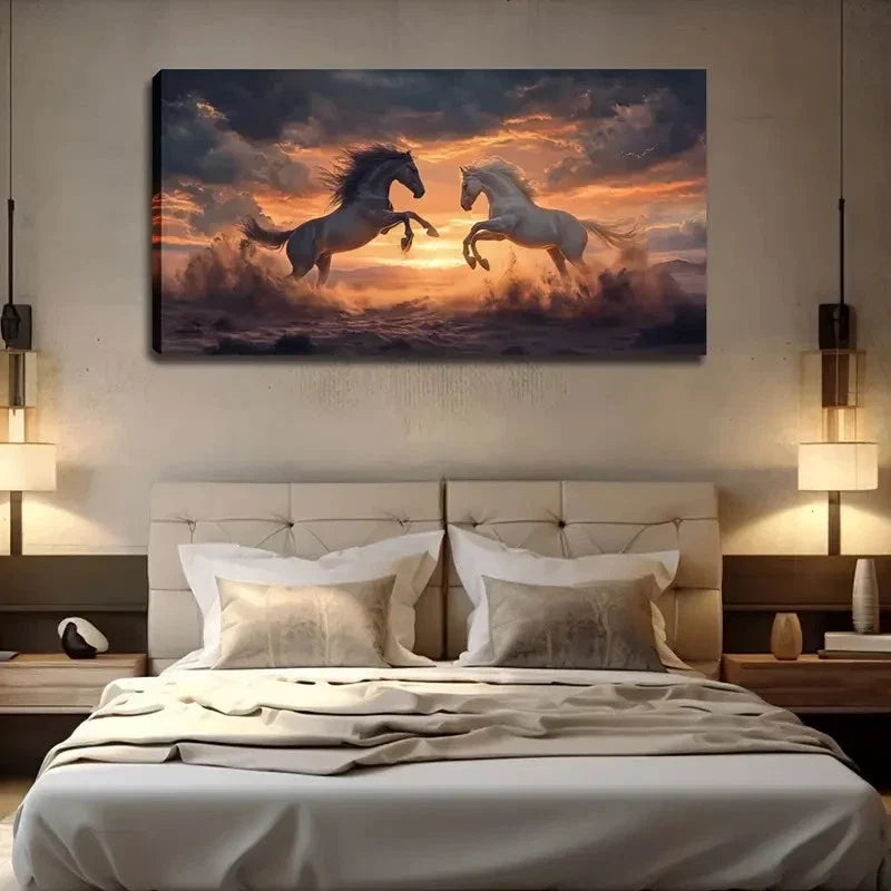 Two Horses Leaping At Sunset Wall Art canvas office home room framed 120x60cm