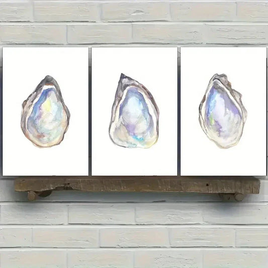 3pcs Featuring an Oyster Print in a Watercolor Metal Print Ready to Hang Art