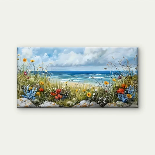Beach Flowers Rocks Blue Sky Wall Art Canvas Office Home Room Framed 80x45cm