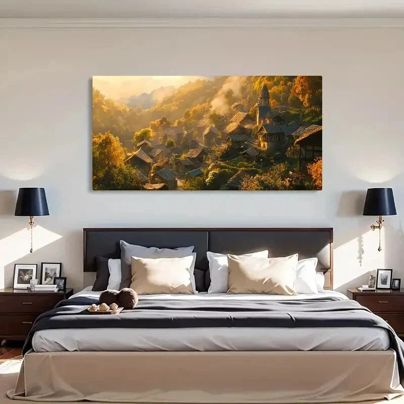 Countryside Trees Village Wall Art Canvas Office Home Room Framed 120x60cm