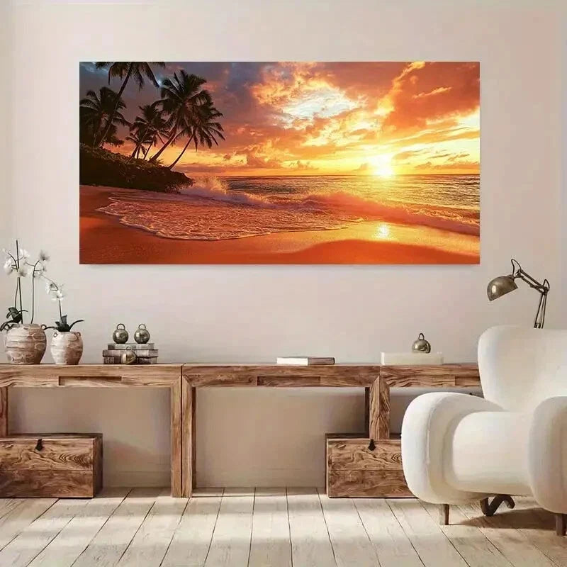 Sunset Coast Vibrant Beach wall canvas office home room framed 80x45cm