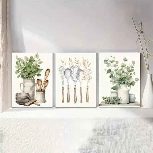 3pcs Kitchen Green Spice Oil Painting Canvas Framed 40x60cm - High Quality Print 100% Australian Made Wall Canvas Ready to Hang