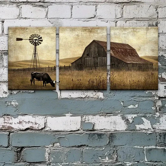 3pcs Barn And Windmill Scene with Cows Metal Print Ready to Hang Art