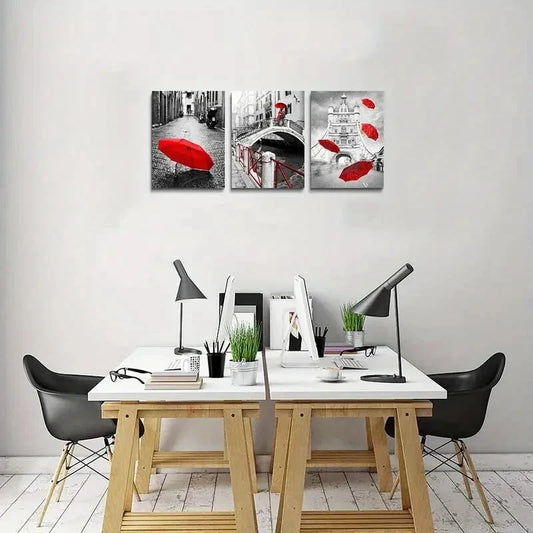 3pcs Black and white landscape building umbrella  Metal Print Ready to Hang Art