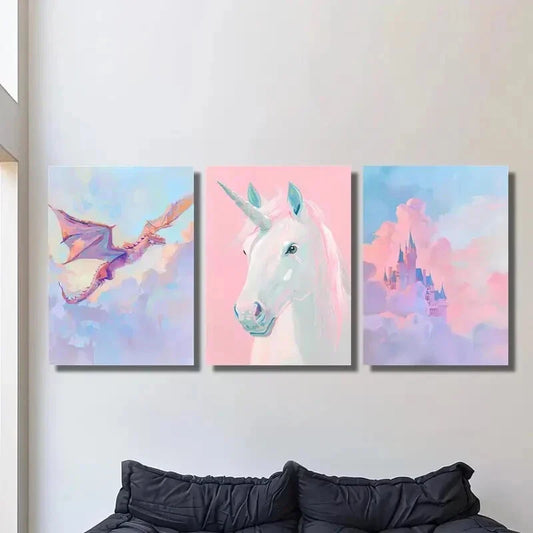 3pcs pink dragon painting, pink unicorn, pink Metal Print Ready to Hang Art