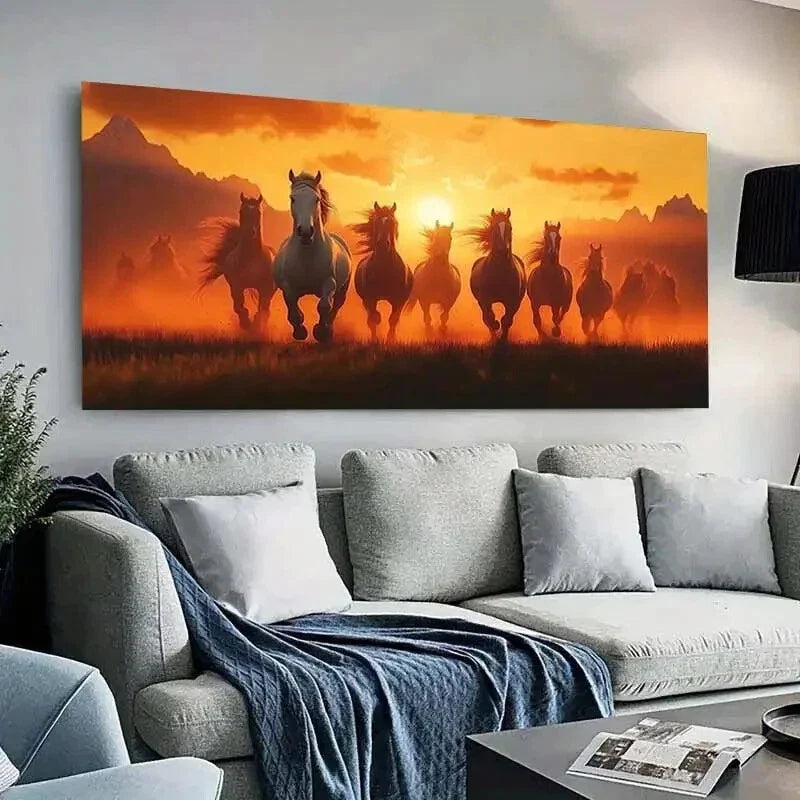 Sunset Galloping Horses wall canvas office home room framed 120x60cm