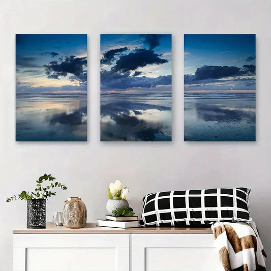 3pcs Serene Seaside Landscape, Beautiful Sunset Metal Print Ready to Hang Art