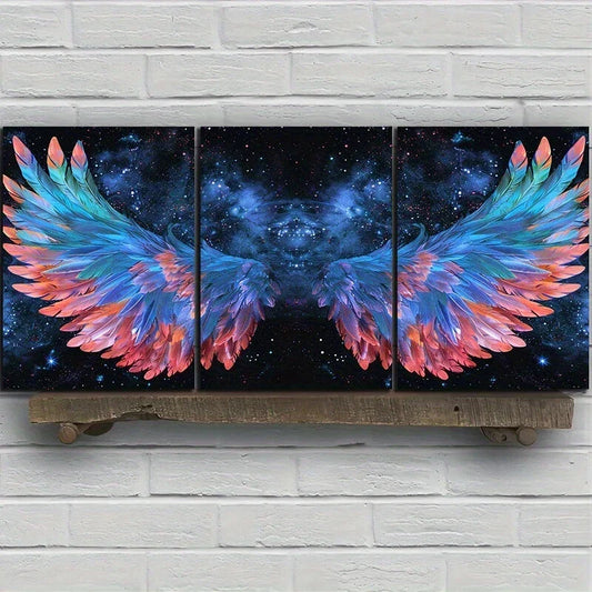 3pcs Abstract Wings Golden Blue Metal Print Ready to Hang Art