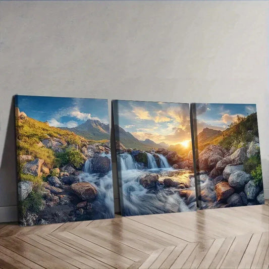 3pcs  Scottish Highlands Sunset Landscape Wall Art Set Canvas Framed 40x60cm - High Quality Print 100% Australian Made Wall Canvas Ready to Hang