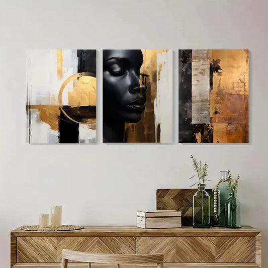 3pcs Golden Woman Golden Black Metal Print Ready to Hang Art